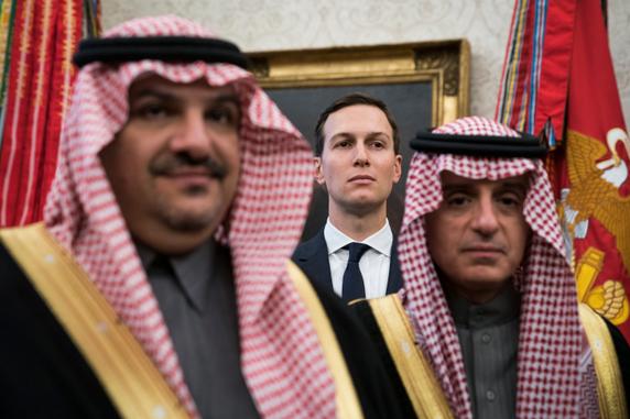 Jared Kushner (center), alongside Saudi representatives during a meeting between the Saudi crown prince, Mohammed bin Salman, and the US president at the White House, Washington, March 20, 2018.