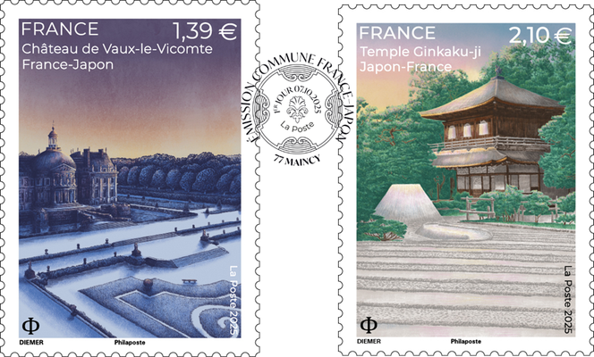 Emission commune France-Japon, création Manon Diemer. Tirage : 350 000 séries (pour le timbre du hâteau, Diemer, d’après photo Vaux-le-Vicomte).