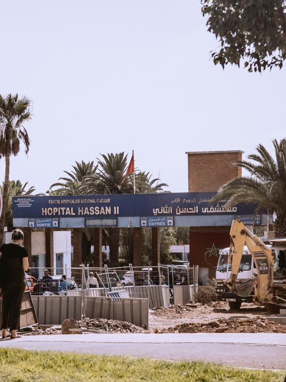 Construction work at the entrance to Hassan-II Hospital, the regional hospital center in Agadir, Morocco, on October 6, 2025.