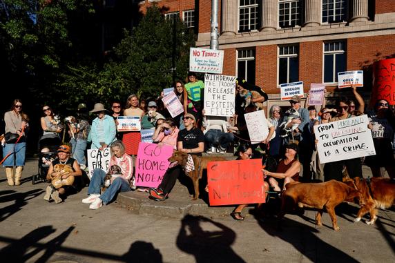A small protest against the deployment of federal troops in Portland, Oregon, October 7, 2025.
