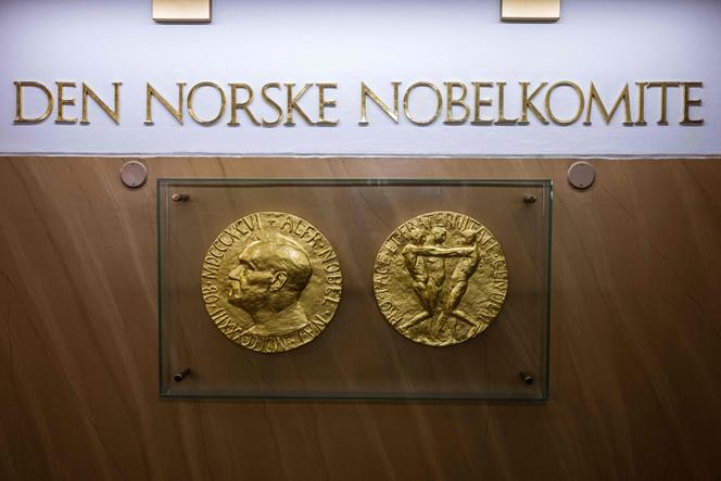 Une photo prise le 25 septembre 2024 à Oslo, en Norvège, montre les répliques de l’avers et du revers de la médaille du prix Nobel de la paix, exposées à l’Institut Nobel norvégien.