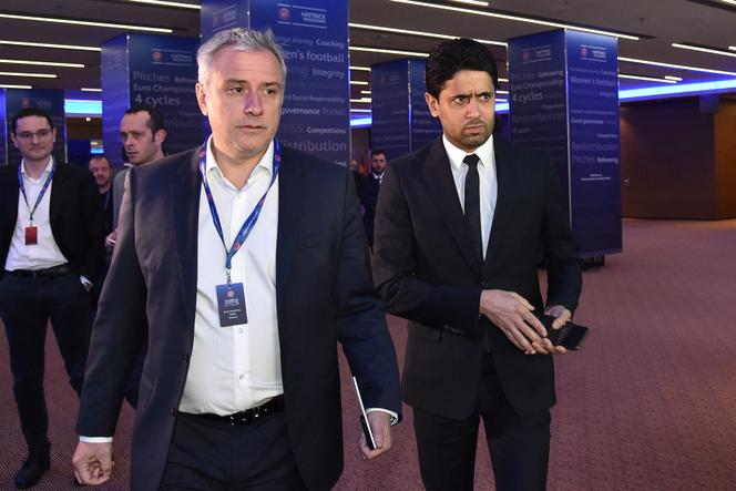 L’ex-directeur de la communication du Paris Saint-Germain, Jean-Martial Ribes (à gauche), et le président du club, Nasser Al-Khelaïfi, à Rome, le 7 février 2019.