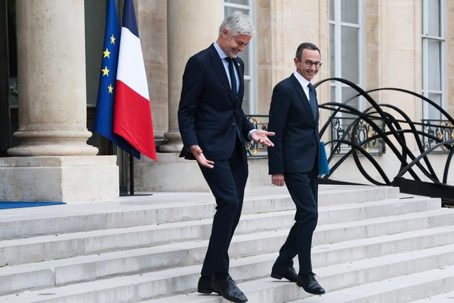 Laurent Wauquiez, chef de file des députés LR à l’Assemblée, et Bruno Retailleau, le président du parti LR, à l’Elysée, le 10 octobre 2025.