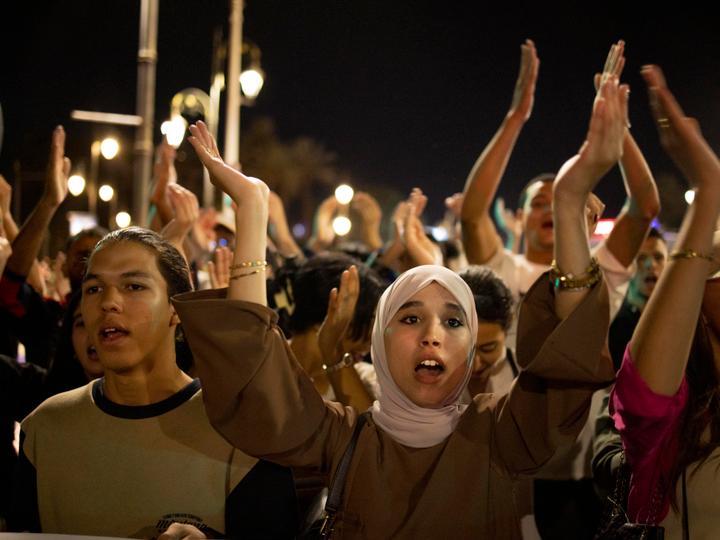 Des étudiants du mouvement GenZ 212 manifestent à Marrakech (Maroc), le 9 octobre 2025.