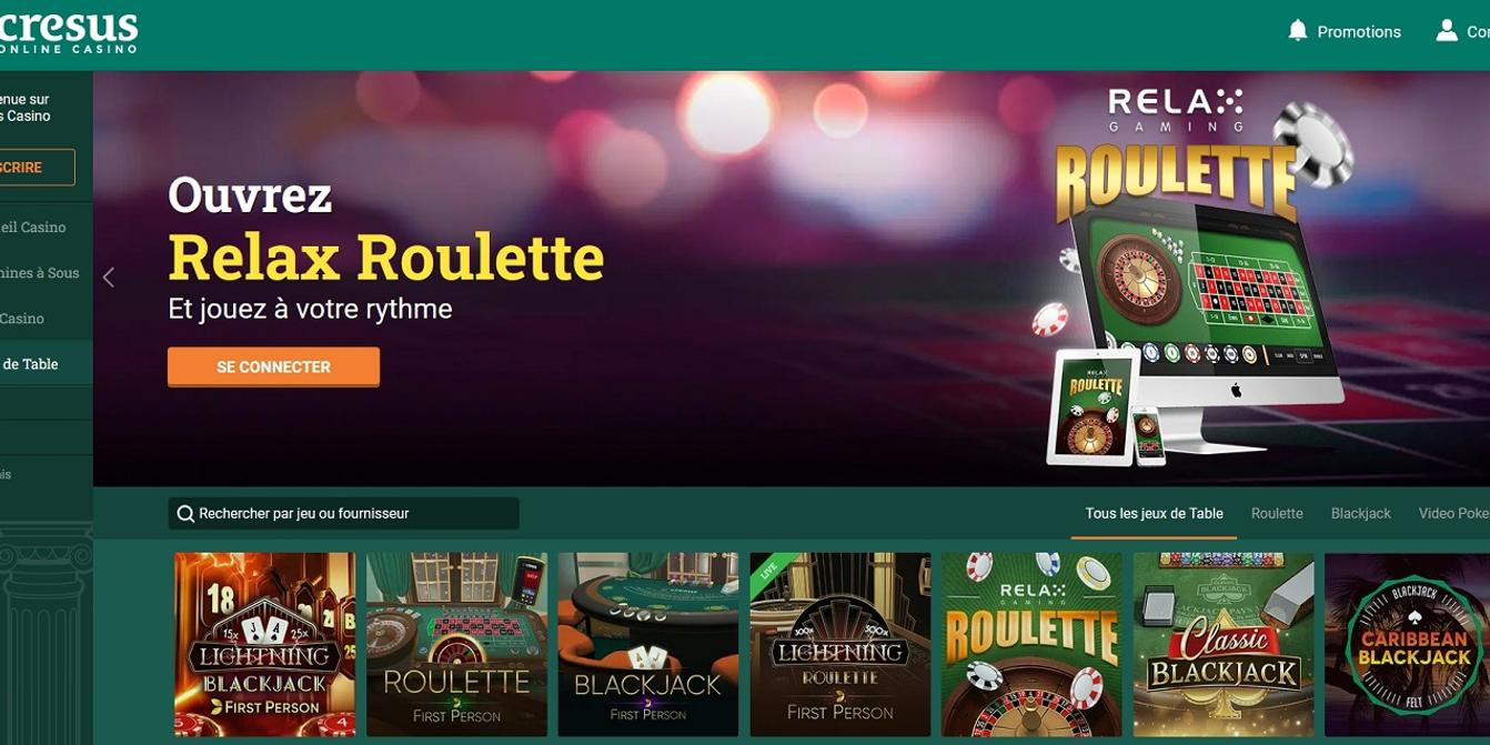 Interface du site Cresus casino montrant des machines à sous et des promotions