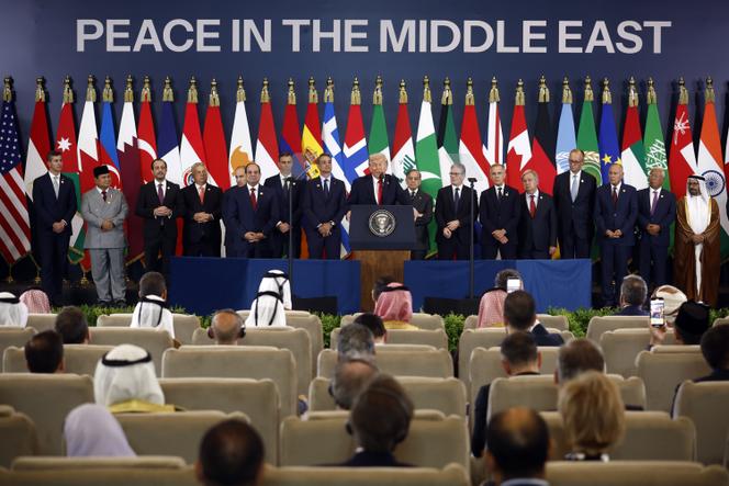 President Donald Trump delivers a speech at the Gaza Peace Summit at the Gaza International Peace Summit, in Sharm el-Sheikh, Egypt, on October 13, 2025.