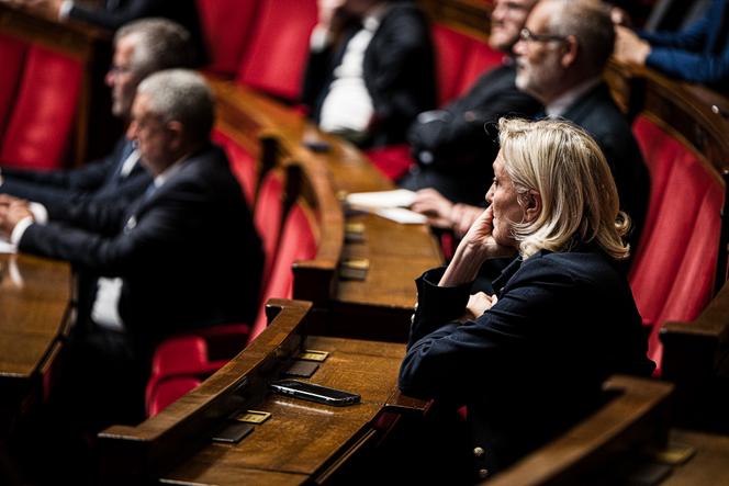 La présidente du groupe Rassemblement national, Marine Le Pen, lors des questions au gouvernement, à l’Assemblée nationale, à Paris, le 15 octobre 2025.