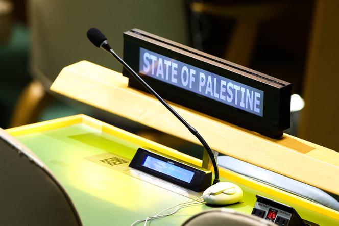 Le siège de la Palestine, vide, lors du discours du premier ministre israélien, Benyamin Nétanyahou, lors de l’Assemblée générale des Nations unies, à New York, le 26 septembre 2025.