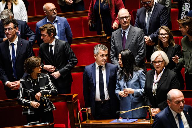 Au centre, le ministre de la justice, Gérald Darmanin, à l’Assemblée nationale, le 14 octobre 2025.