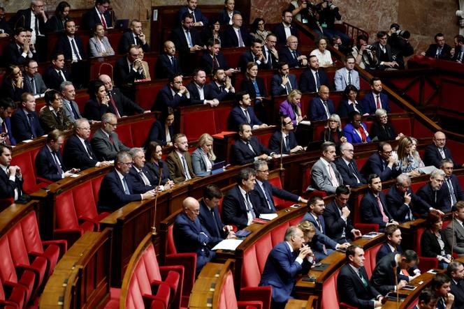 At the National Assembly, deputies from the National Rally (RN) and the Union of Rights (UDR) before the vote on two motions of censure against the French government, tabled by La France insoumise (LFI) and the RN, in Paris, October 16, 2025. 