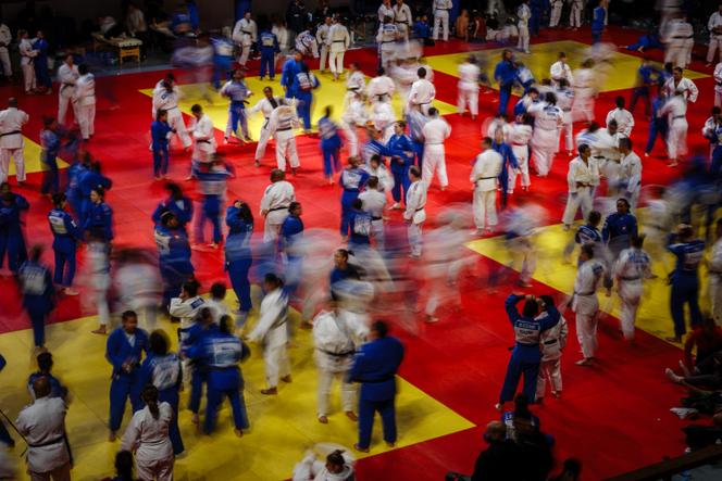 Une séance d’entraînement internationale de judo, au Dojo Arena de Paris, le 6 février 2024.