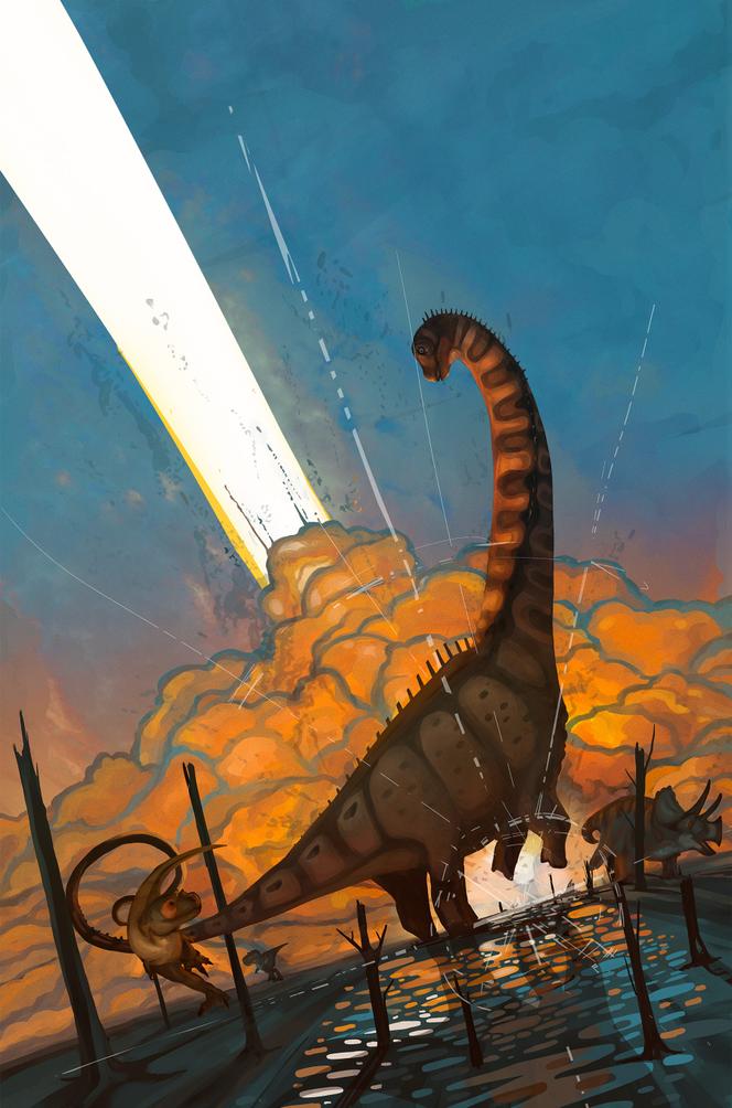 Illustration de l’artiste et paléontologiste Natalia Jagielska pour la revue « Science » représentant les derniers dinosaures du sud de l’Amérique du Nord, avec, en vedette, le sauropode « Alamosaurus sanjuanensis », provenant des couches géologiques de Naashoibito dans le bassin de San Juan, au nord-ouest du Nouveau-Mexique.