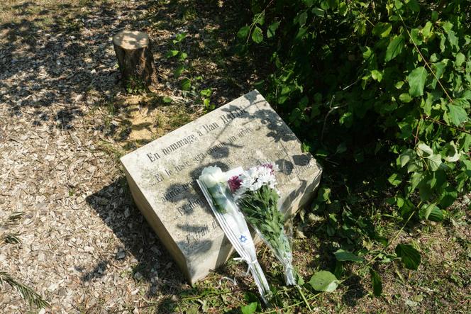Une stèle en mémoire d’Ilan Halimi, et le tronc de l’olivier lui rendant également hommage, abattu à la tronçonneuse, à Epinay-sur-Seine (Seine-Saint-Denis), le 15 août 2025.