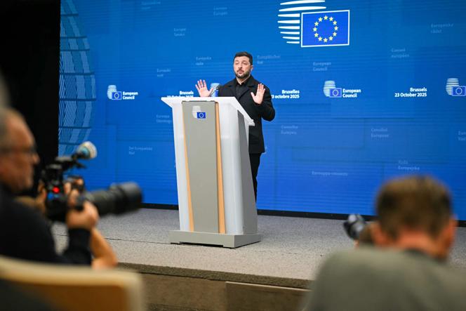 Le président ukrainien, Volodymyr Zelensky, lors du sommet de l’UE, à Bruxelles, le 23 octobre 2025.