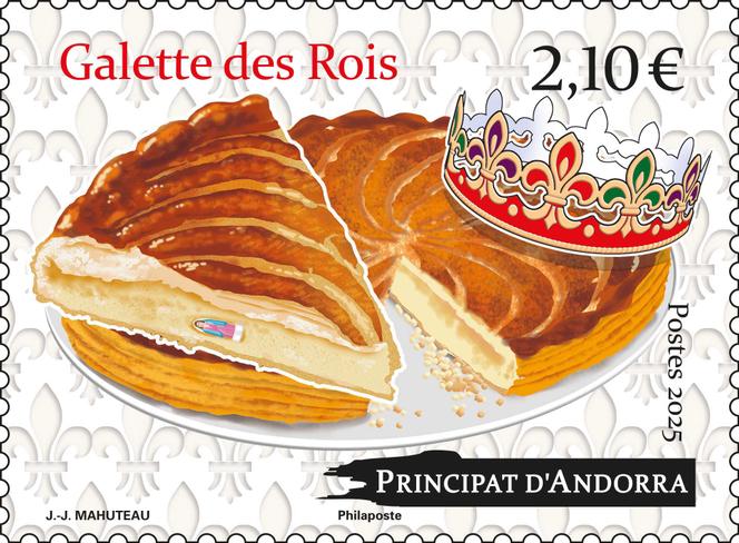 « Galette des rois », timbre d’Andorre parfumé à l’odeur de frangipane. Création et mise en page de Jean-Jacques Mahuteau. Tirage : 50 010 exemplaires.