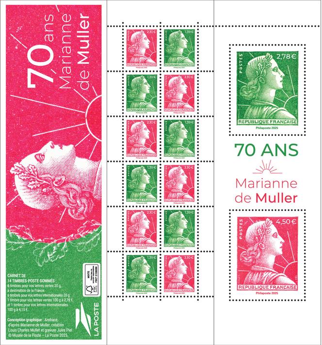 « 70 ans Marianne de Muller ». Conception graphique d’Arobace, d’après « Marianne » de Muller, création de Louis-Charles Muller et gravure de Jules Piel © Musée de la Poste – La Poste 2025. Tirage : 70 000 exemplaires.