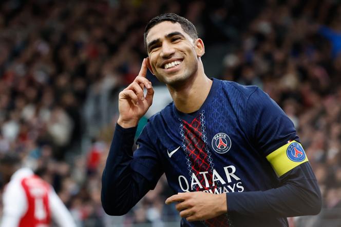 PSG's Achraf Hakimi celebrates after scoring his side's second goal during the French League One soccer match between Brest and Paris Saint-Germain in Brest, France, Saturday, Oct. 25, 2025.