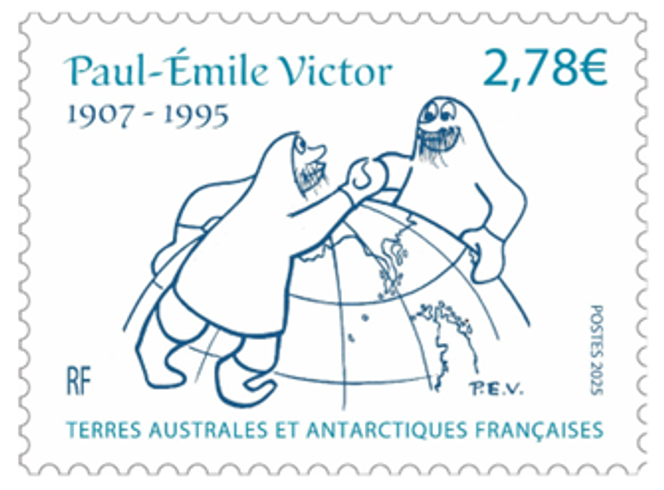 Timbre mis en page d’après l’œuvre de Paul-Emile Victor, gravé par Line Filhon, en vente sur le stand des TAAF, au Salon philatélique d’automne. Tirage : 16 000 exemplaires. L’artiste sera présente sur le stand des TAAF le 6 novembre 2025, de 10 heures à 12 heures, pour dédicacer le timbre. Daphné Victor, fille de Paul-Emile Victor et présidente de la Fondation Paul-Emile Victor, sera également présente.
