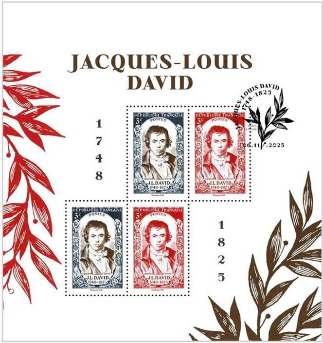« Jacques-Louis David. 1748-1825 ». Mise en page Ségolène Carron, d’après timbre dessiné et gravé par René Cottet, d’après un autoportrait de Jacques-Louis David. Dessin du fond de bloc : Ségolène Carron © Musée de La Poste - La Poste, 2025. Format : 135 × 143 mm. Taille-douce. Tirage : 100 000 exemplaires.