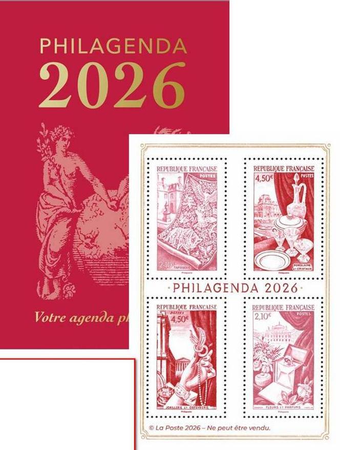 « Philagenda 2026 ». Conception agence Arobace © La Poste 2025. Pour la couverture : timbre « Paix et Commerce » dessiné par Jules-Auguste Sage, gravé par Louis-Eugène Mouchon, (1876). Le bloc de 4 timbres - « Tapisserie », « Porcelaine et cristaux », « Joaillerie et orfèvrerie », « Fleurs et parfums » de la série « Productions françaises de luxe » (1954) sont dessinés par Pierre Gandon et gravés par Charles Mazelin, Jules Piel et Pierre Gandon. Tirage : 10 000 exemplaires.