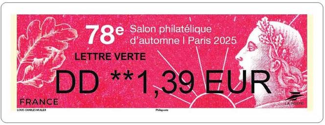 Timbre de distributeur LISA (Libre-service affranchissement) « Marianne » de Muller. Conception graphique Arobace, d’après « Marianne » de Muller, création de Louis-Charles Muller et gravure de Jules Piel. Musée de La Poste – La Poste 2025.