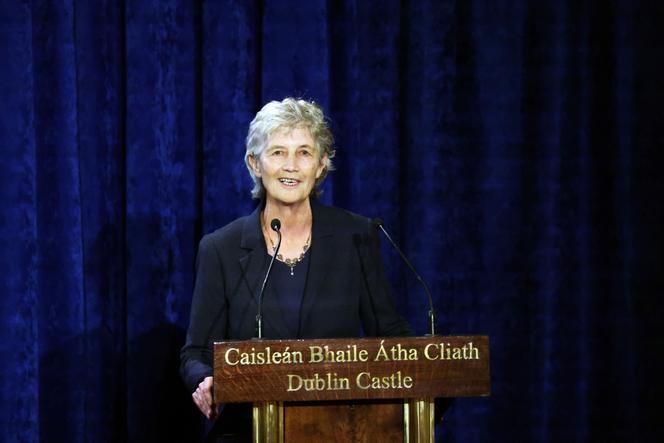 Catherine Connolly speaks after being after being elected as the new President of Ireland at Dublin Castle, Ireland, Saturday, Oct. 25, 2025. (AP Photo/Peter Morrison)