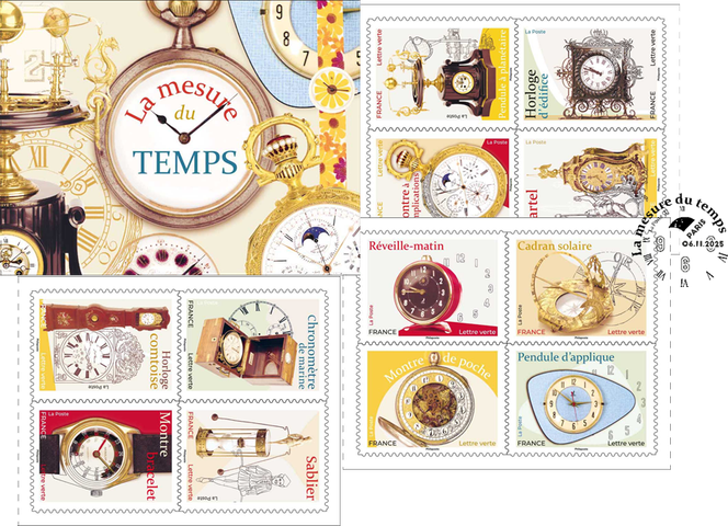 « La mesure du temps ». Conception : Stéphane Humbert-Basset.  Photos © Musée du Temps, Pierre Guenat, sauf timbre Horloge d’édifice, photo S. Vielle © La Poste, timbre Horloge d’applique, photo Collection Elzingre / Bridgeman Images : timbres « Pendule d’applique » et « Réveille-matin » (®société DATA ACCESS, détentrice de la marque d’horlogerie Jaz ; timbres « Montre bracelet » et montre à fleurs sur couverture. Les montres représentées sont la propriété LIP Besançon. La reproduction de leur image est utilisée avec l’autorisation de Lip Besançon. Tous droits réservés. Tirage : 150 000 exemplaires.