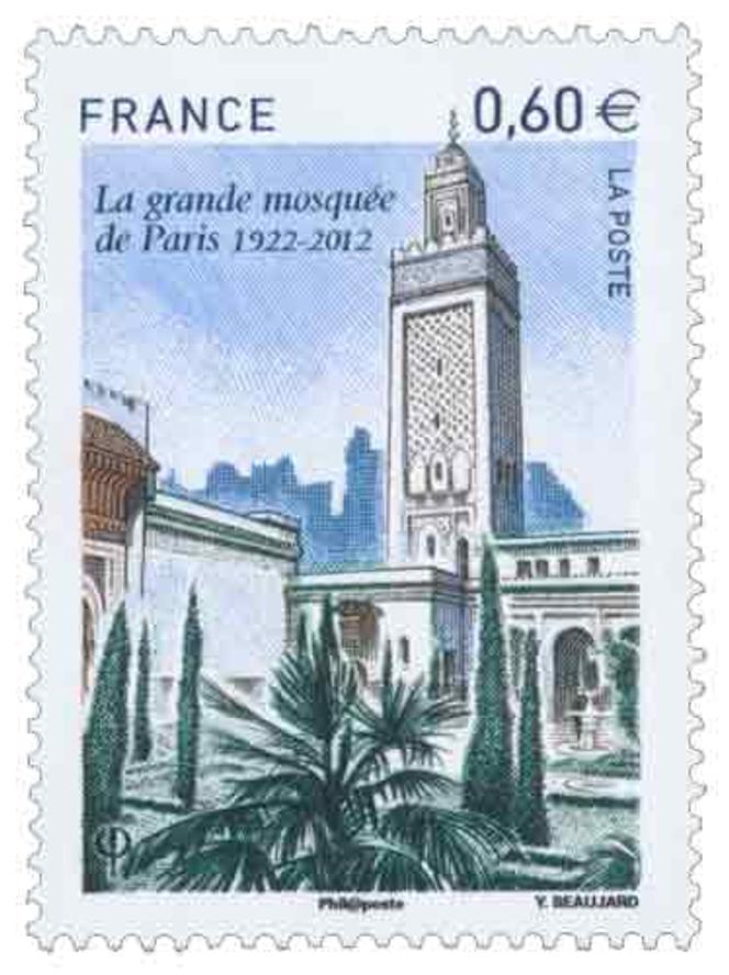 Timbre sur « La Grande Mosquée de Paris 1922-2012 », émis en 2012, dessiné et gravé par Yves Beaujard (d’après photo S. Nadour), imprimé en taille-douce et tiré à 2,3 millions d’exemplaires.