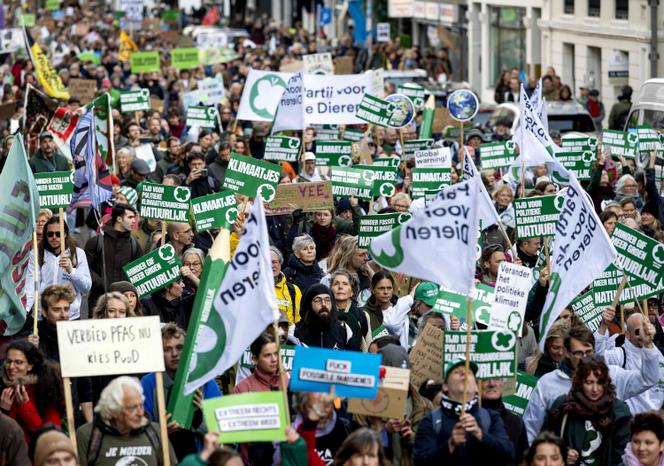 Des manifestants participent à une marche pour le climat à La Haye, aux Pays-Bas, le 26&nbsp;octobre 2025. 