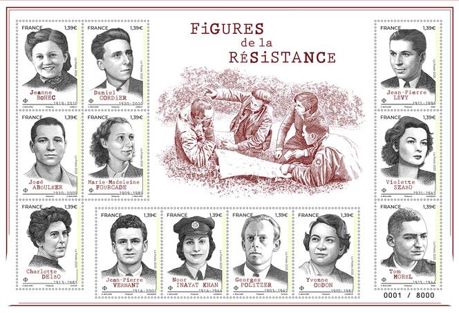 Bloc-feuillet numéroté, avec une dorure à chaud « Figures de la Résistance » contenue dans le livret « Mémoire postale des combattants de l’ombre ». Fond de bloc : création Sophie Beaujard, d’après photo Combattants résistants, HuIton Archive/ Gettyimages. Création des timbres Sophie Beaujard, Charlotte Delbo, gravure Elsa Catelin, d’après photo © Eric Schwab ; Daniel Cordier, gravure Claude Jumelet, d’après photo © Famille de Daniel Cordier ; Georges Politzer, gravure Elsa Catelin, d’après photo © Famille de Georges Politzer ; Jeanne Bohec, gravure Claude Jumelet, d’après photo © Service historique de la défense, Vincennes ; Jean-Pierre Vernant, gravure Pierre Albuisson, d’après photo © Famille de Jean-Pierre Vernant ; Jean-Pierre Levy, gravure Pierre Bara, d’après photo Réf. 004772. © Musée de l’Ordre de la Libération ; José Aboulker gravure Sophie Beaujard d’ap. photo Ref. 000070 © Musée de l’Ordre de la Libération ; Marie-Madeleine Fourcarde, gravure Sophie Beaujard, d’après photo © akg-images ; Noor lnayat Khan, gravure Sarah Lazarevic, d’après photo © DR ; Tom Morel, gravure Pierre Bara, d’après photo © Famille de Tom Morel ; Violette Szabo, gravure Pierre Albuisson, d’après photo © Aurimages ; Yvonne Oddon, gravure Sarah Lazarevic, d’après photo © Studio Harcourt (7934-7997) - RMN-Grand Palais. Tirage de ce bloc : 8 000 exemplaires.