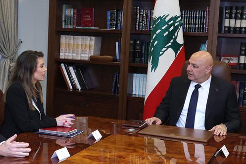 U.S. Middle East envoy Morgan Ortagus meets with Lebanese President Joseph Aoun to discuss the ongoing violence with Israel and possible political negotiations, at the presidential palace in Baabda, October 28, 2025. Photo released by the Lebanese presidential press office.