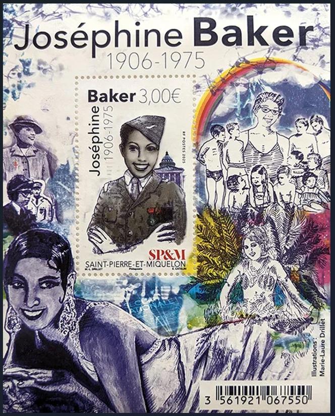 Saint-Pierre-et-Miquelon, « Joséphine Baker (1906-1975) », bloc-feuillet à 3 euros, dessiné par Marie-Laure Drillet, gravé par Elsa Catelin, imprimé en offset et taille-douce, émis le 12 avril 2025. Tirage : 10 000.