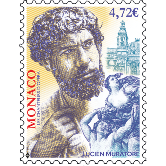 « Lucien Muratore », timbre dessiné et gravé par Pierre Albuisson, imprimé en taille-douce, émis le 14 janvier 2025 et tiré à 36 000 exemplaires. 