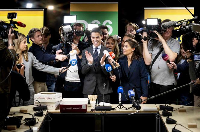 Rob Jetten, chef du Parti des réformateurs (D66), s’exprime devant des journalistes dans la salle du groupe de la chambre basse, au lendemain des élections législatives néerlandaises, à La Haye, le 30 octobre 2025.