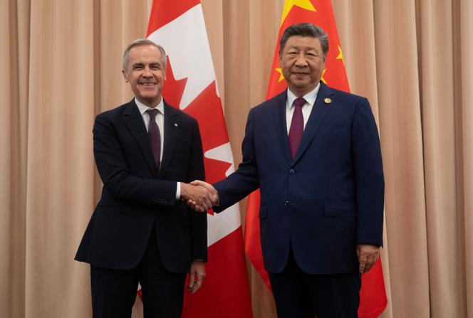 Mark Carney and Xi Jinping shaking hands in the Great Hall of the People, Beijing