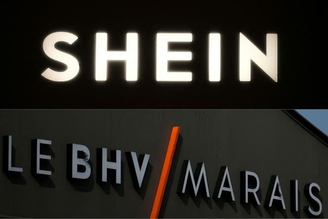 (COMBO) This combination of files pictures created on October 31, 2025 shows the logo Shein during the Urban Ritual fashion show Fall-Winter 2025/26 organized by Chinese fashion giant Shein in Milan, on October 16, 2025 and the logo of the BHV Marais store in Paris, on March 18, 2016.
 The Asian fast-fashion giant Shein, criticized for its practices, will open its very first permanent physical store on October 31, 2025 at the BHV in Paris, the Société des Grands Magasins (SGM), owner of the BHV, announced on Instagram on October 31, 2025. (Photo by Piero CRUCIATTI and MARTIN BUREAU / AFP)