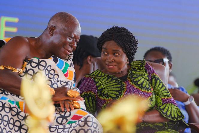 Asantehene Otumfuo Nana Osei Tutu II (left), 75, speaks with Vice President of Ghana, Naana Jane Opoku-Agyemang (right), 73, in Afrisipakrom, Ghana, October 30, 2025. 