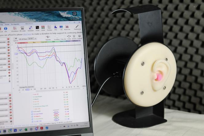 Our test bench, with the miniDSP EARS artificial ear.