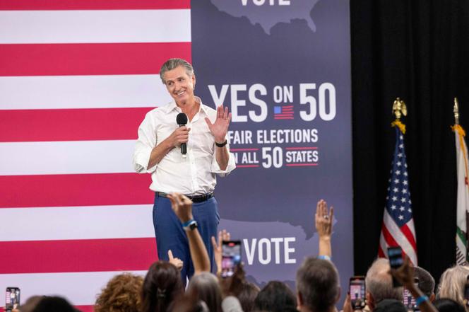 California Governor Gavin Newsom speaks at a 'Yes On Prop 50' volunteer event at the LA Convention Center in Los Angeles, California, on November 1, 2025.