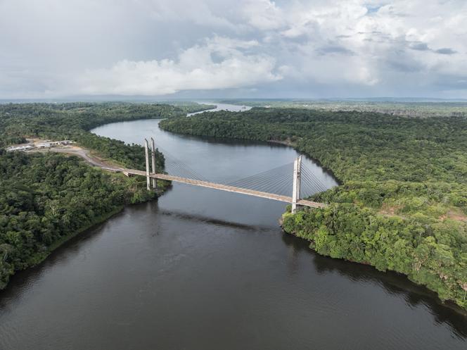 Vue sur les mangroves et le pont d’Oiapoque qui relie le Brésil à la Guyane française, le 19 octobre 2025. 