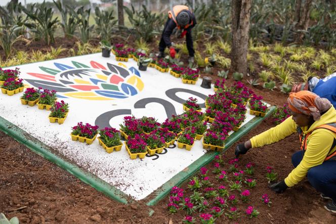 Des employés plantent des fleurs à côté du logo du G20 à Johannesburg, en Afrique du Sud, le 4 novembre 2025.