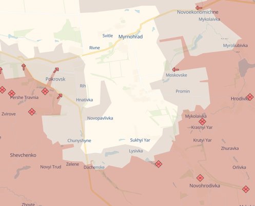 Capture d’écran de la carte du site ukrainien DeepState centrée sur Pokrovsk, dans l’oblast de Donetsk.