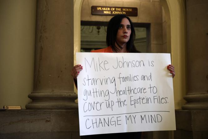 Arizona Democratic Party Representative Yassamin Ansari demonstrates in front of the office of the Speaker of the House of Representatives, Republican Mike Johnson, at the Capitol in Washington, November 6, 2025.