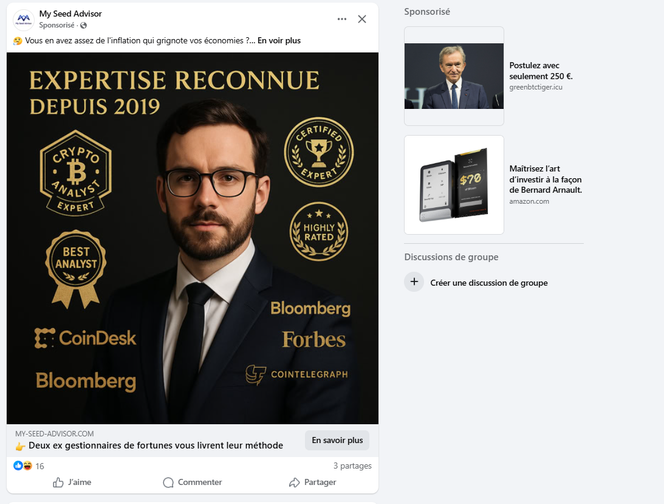 Plusieurs exemples de publicités pour des arnaques à l’investissement diffusées sur Facebook. 