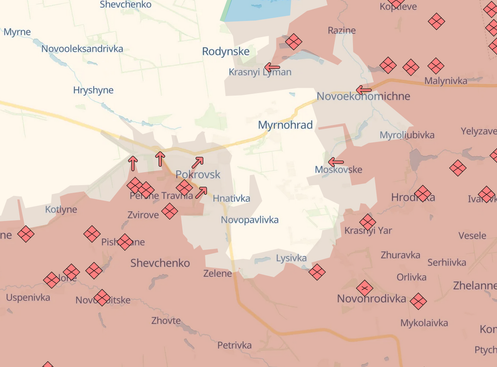 DeepState'in 8 Kasım 2012 tarihli ekran görüntüsü, Pokrovsk ve Myrnohrad'daki durumu gösteriyor.