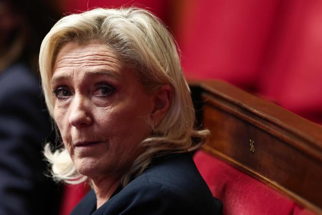 La présidente du groupe du Rassemblement national à l’Assemblée nationale, Marine Le Pen, dans l’hémicycle, à Paris, le 29&nbsp;octobre&nbsp;2025. 
