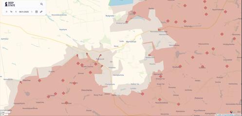 A região de Pokrovsk, conforme vista pelo site DeepState, em 9 de novembro de 2025.