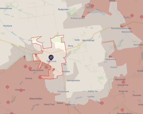 Captura de tela do site ucraniano DeepState, com foco em Pokrovsk, na região de Donetsk.