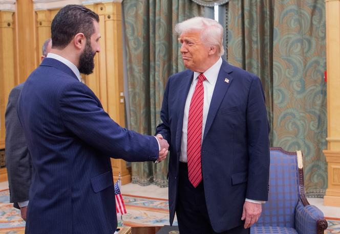 In this photo released by the Saudi Royal Palace, US President Donald Trump (R) shakes hands with interim Syrian President Ahmed Al-Charaa in Riyadh, Saudi Arabia, May 14, 2025.