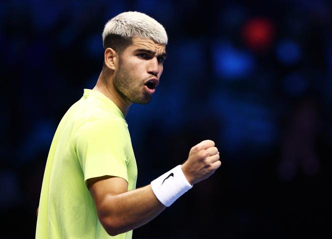 Spaniard Carlos Alcaraz during his group match against American Taylor Fritz at the ATP Finals in Turin (Italy), November 11, 2025.